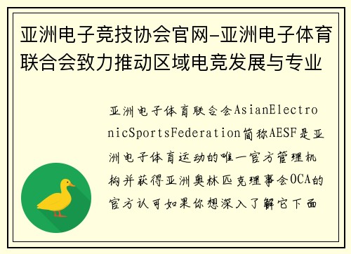 亚洲电子竞技协会官网-亚洲电子体育联合会致力推动区域电竞发展与专业化治理
