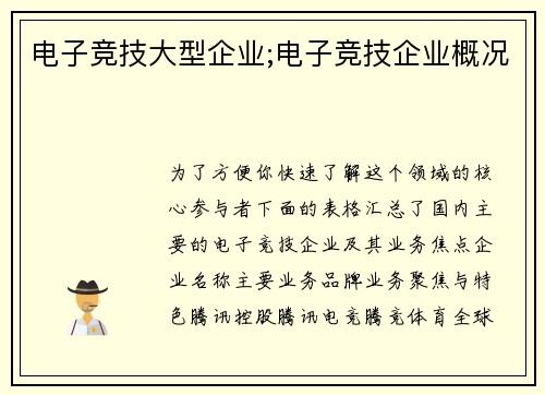 电子竞技大型企业;电子竞技企业概况